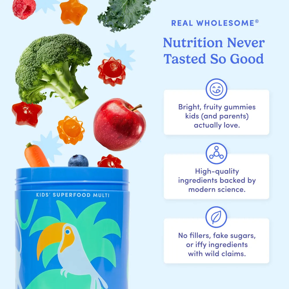 A blue kids' gummy jar labeled 'Kids Superfood Multi' with tropical parrot artwork, shown on a light blue background with floating fruits and vegetables including broccoli, apple, carrot, blueberry, and colorful star-shaped gummies. Text reads 'Real Wholesome Nutrition Never Tasted So Good' with three benefit callouts.