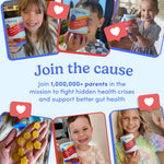 A promotional collage for First Day Nutrition pre- and post-fruit drink mix, featuring multiple children holding the product and a hand holding yellow star-shaped gummies. The central text reads 'Join the cause' with a message about supporting better gut health.