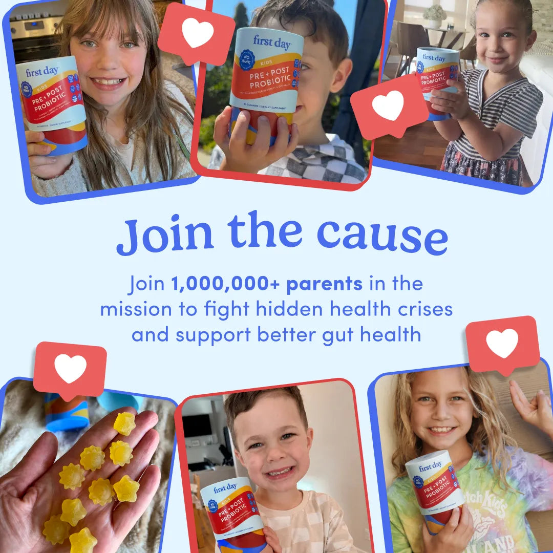 A promotional collage for First Day Nutrition pre- and post-fruit drink mix, featuring multiple children holding the product and a hand holding yellow star-shaped gummies. The central text reads &