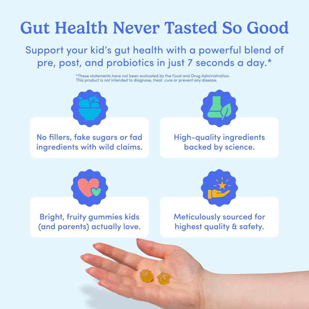 Promotional graphic for gut health gummies with text reading &