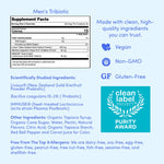 An infographic showcases Men’s 3-in-1 Pre+ Post+ Probiotic supplement facts, gut health support, vegan and non-GMO status, Clean Label Project Purity Award, a full ingredient list, and no top 9 allergens.