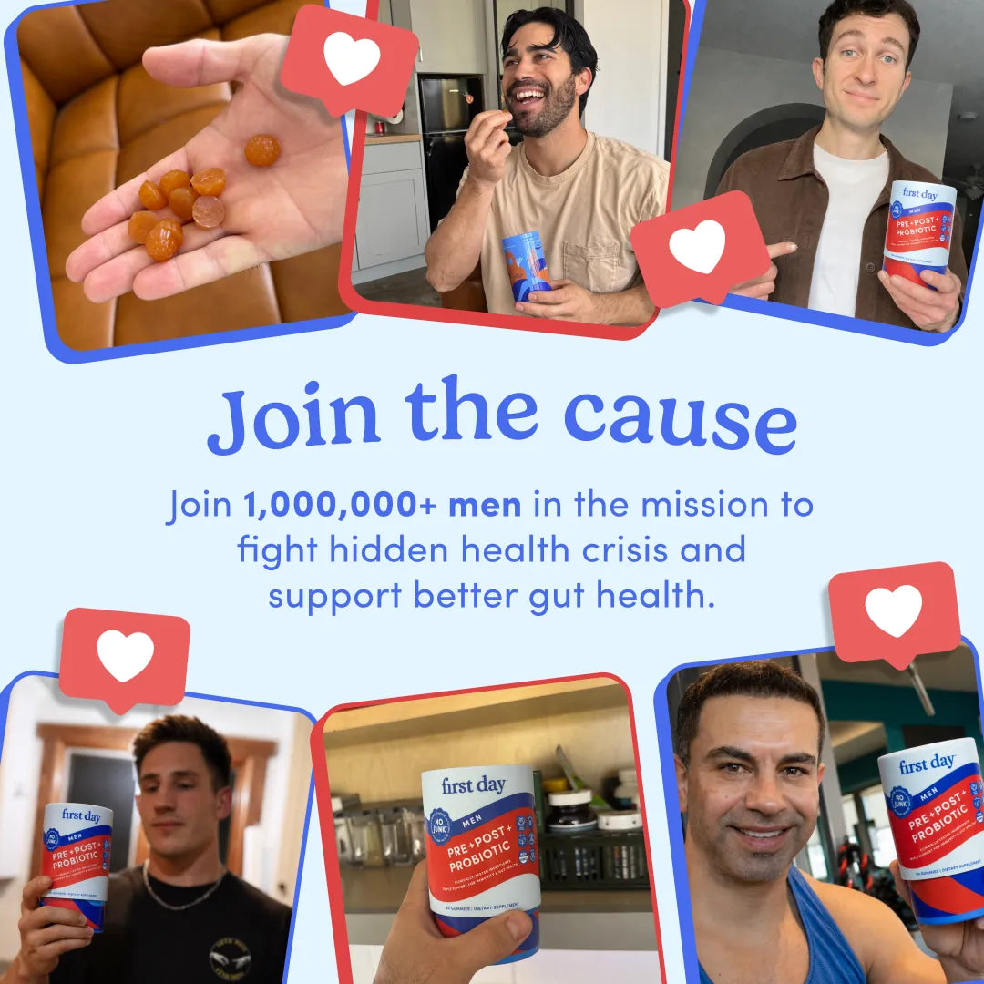 A promotional collage with five inset photos of men holding First Day gut health products, overlaid with red heart icons and text reading &