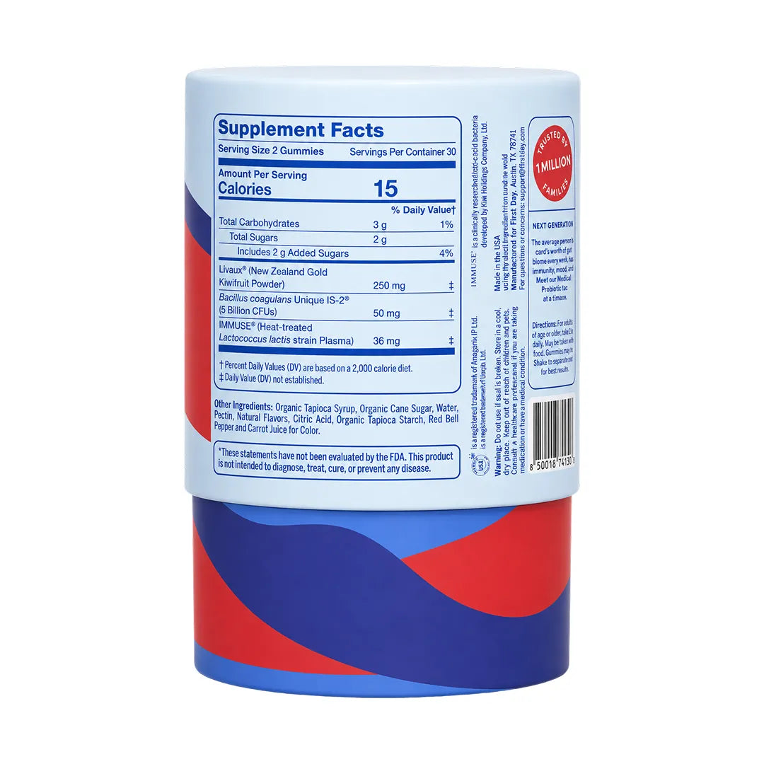 A cylindrical supplement bottle shown from the back, displaying the Supplement Facts label with ingredients, serving size, and a barcode. The label is white with blue text and graphics, and the bottle has blue and red bands near the bottom, photographed on a plain white background.