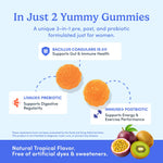 Promotional graphic for a gummy supplement product. The image features two orange gummies on a light blue background with text highlighting key benefits: 'Bacillus Coagulans Is-2®' for gut and immune health, 'Livaux® Prebiotic' for digestive regularity, and 'Immuse® Postbiotic' for energy and exercise performance.