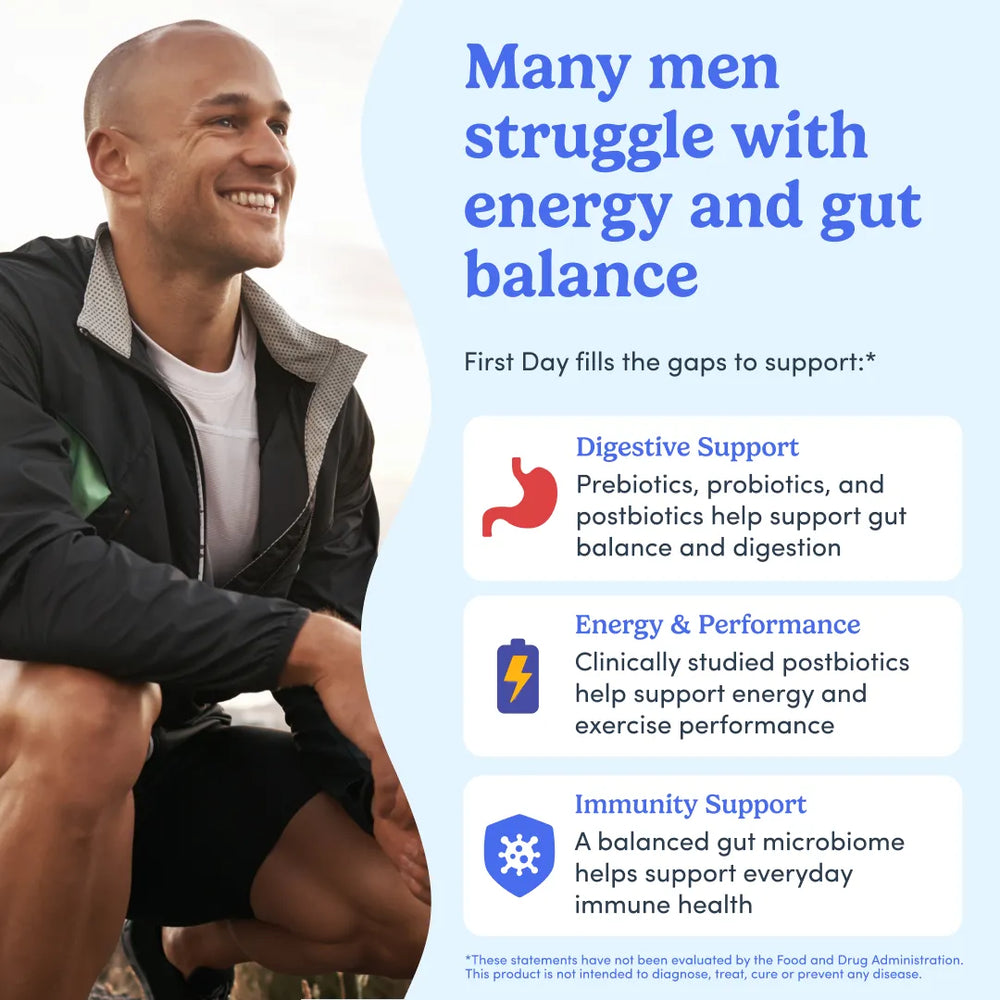 Promotional graphic with a smiling man in a black zip jacket sitting outdoors on the left, alongside large blue text reading 'Many men struggle with energy and gut balance' and three benefit callouts for digestive support, energy & performance, and immunity support.