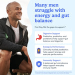 Promotional graphic with a smiling man in a black zip jacket sitting outdoors on the left, alongside large blue text reading 'Many men struggle with energy and gut balance' and three benefit callouts for digestive support, energy & performance, and immunity support.
