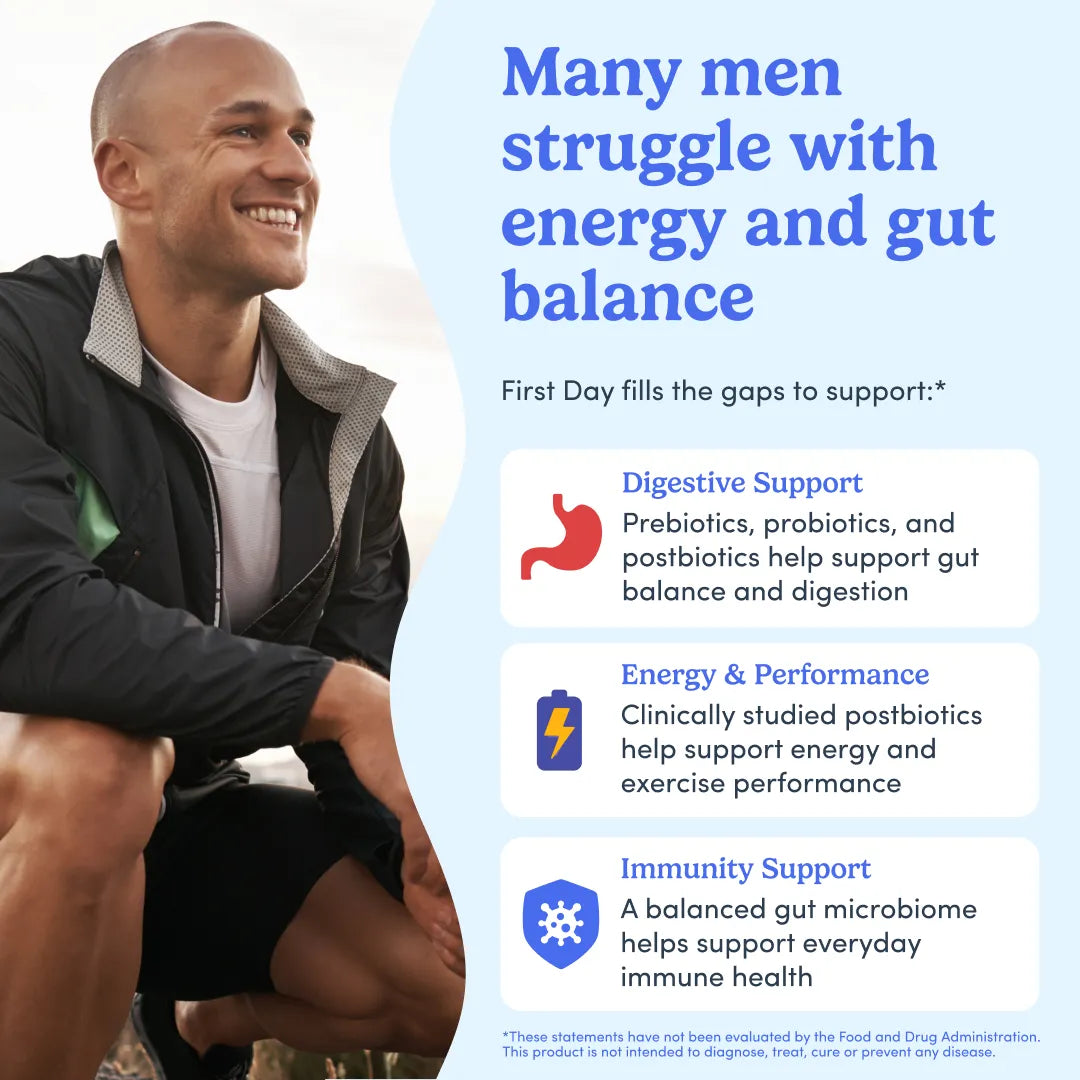 Promotional graphic with a smiling man in a black zip jacket sitting outdoors on the left, alongside large blue text reading &