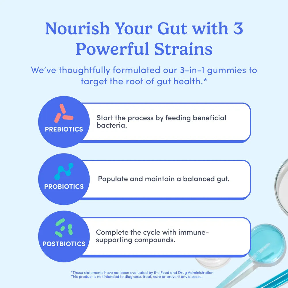 An informational graphic with the headline 'Nourish Your Gut with 3 Powerful Strains' on a pale blue background. It lists three labeled sections: Prebiotics, Probiotics, and Postbiotics, each with a blue circular icon and a white rounded text box describing gut health benefits.