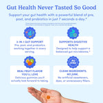 Promotional graphic for gut health gummies with the headline 'Gut Health Never Tasted So Good' on a light blue background. The image includes four white text boxes with blue icons and claims about pre, post, and probiotics, plus a hand at the bottom holding a single orange gummy.