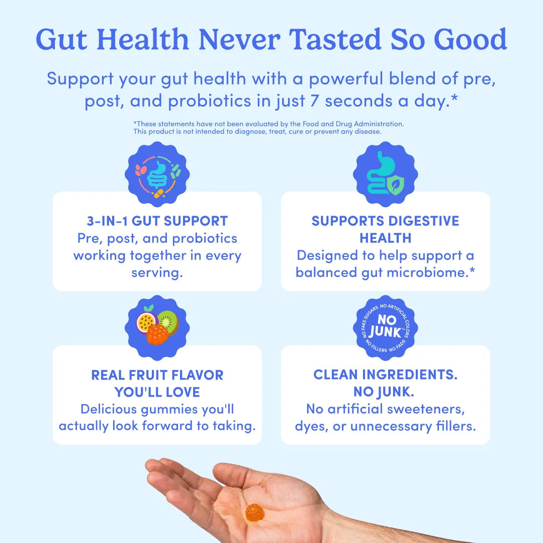 Promotional graphic for gut health gummies with the headline &