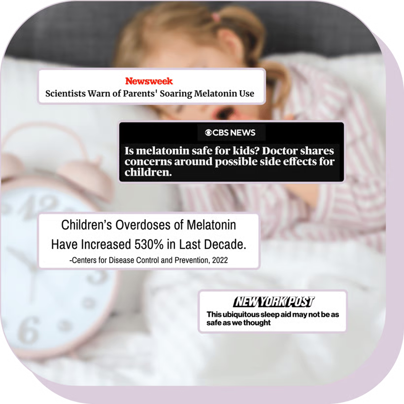 Child lying in bed with a clock, surrounded by news headlines about melatonin use.