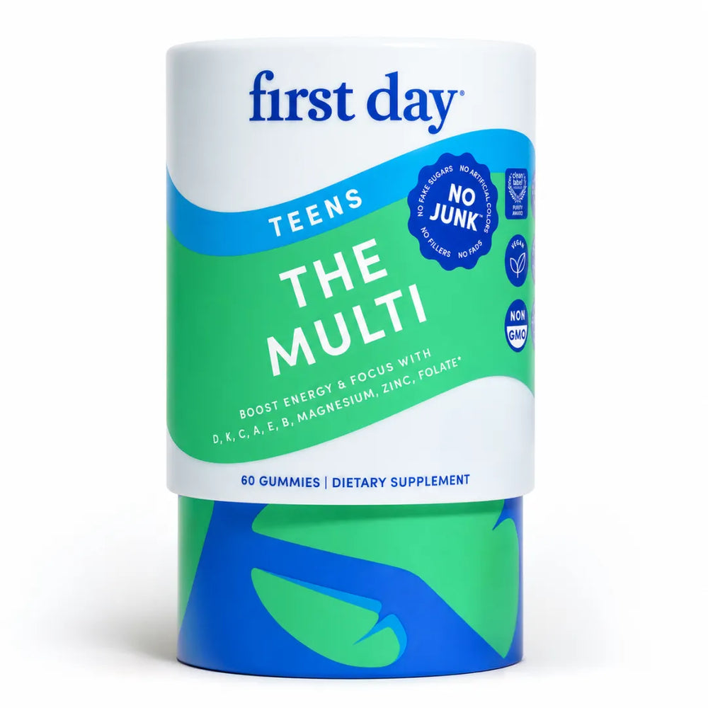 A cylindrical container of First Day Teens The Multi dietary supplement gummies, featuring a white, green, and blue label on a clean white background.