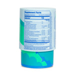 The back of a dietary supplement bottle showing the Supplement Facts label, with a blue and green camouflage-patterned base on a white background.