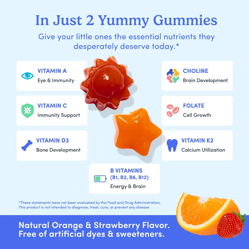 Promotional graphic for two types of gummy candies: a red star-shaped gummy and an orange flower-shaped gummy. The graphic features text detailing the benefits of various vitamins (A, C, D3, K2, B vitamins) and highlights the natural orange and strawberry flavors with illustrations of an orange slice and a strawberry at the bottom.