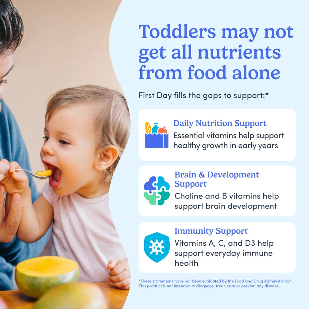 An informational marketing graphic with a photo of a toddler being fed on the left and large text and three benefit callouts on the right about toddlers not getting all nutrients from food alone, including daily nutrition support, brain & development support, and immunity support.