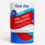 A cylindrical container of First Day Pre-Post Probiotic gummies for teens, featuring a white label with bold red and blue graphics and a blue base, set against a plain white background.