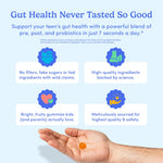Promotional graphic for gut health gummies with the headline 'Gut Health Never Tasted So Good' on a light blue background. The image includes descriptive text blocks and icons for benefits, plus a hand holding an orange round gummy at the bottom.