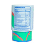 A cylindrical supplement bottle showing the back label with Supplement Facts, on a clean white background.