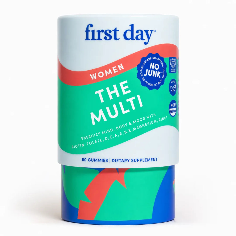 A cylindrical container of First Day Women The Multi dietary supplement gummies, featuring a white, green, and red label with blue branding, set against a plain white background.