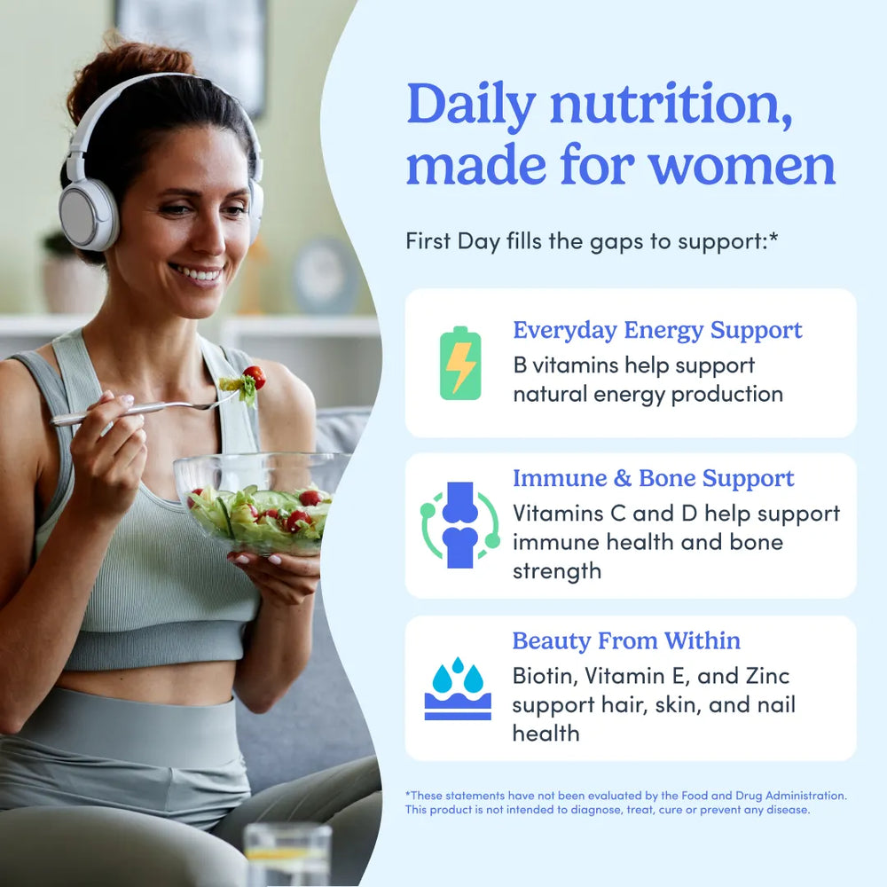 Promotional graphic with a smiling woman wearing white headphones and eating from a glass bowl, alongside large blue text reading 'Daily nutrition, made for women' and three benefit callouts for women's health and beauty.