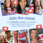 Promotional graphic for First Day Pre-Post-Probiotic featuring multiple women holding the product in photos, with the text 'Join the cause' and a message about supporting better gut health on a light blue background.