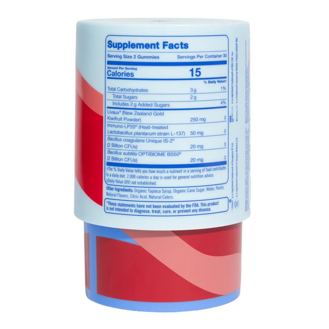 A cylindrical supplement bottle showing the back label with Supplement Facts, featuring a white label with blue text and red curved graphic accents on a light gray background.