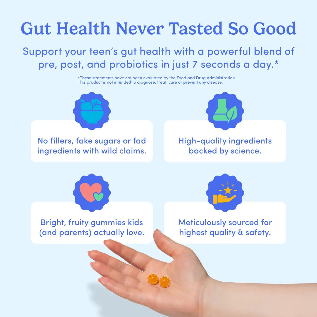 Promotional graphic for a gut health supplement. The top features the headline &